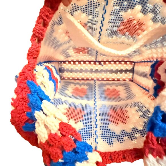 Granny Square Crochet Tote Retro Hippie Style Book Bag Red White Blue School Col - Picture 14 of 16
